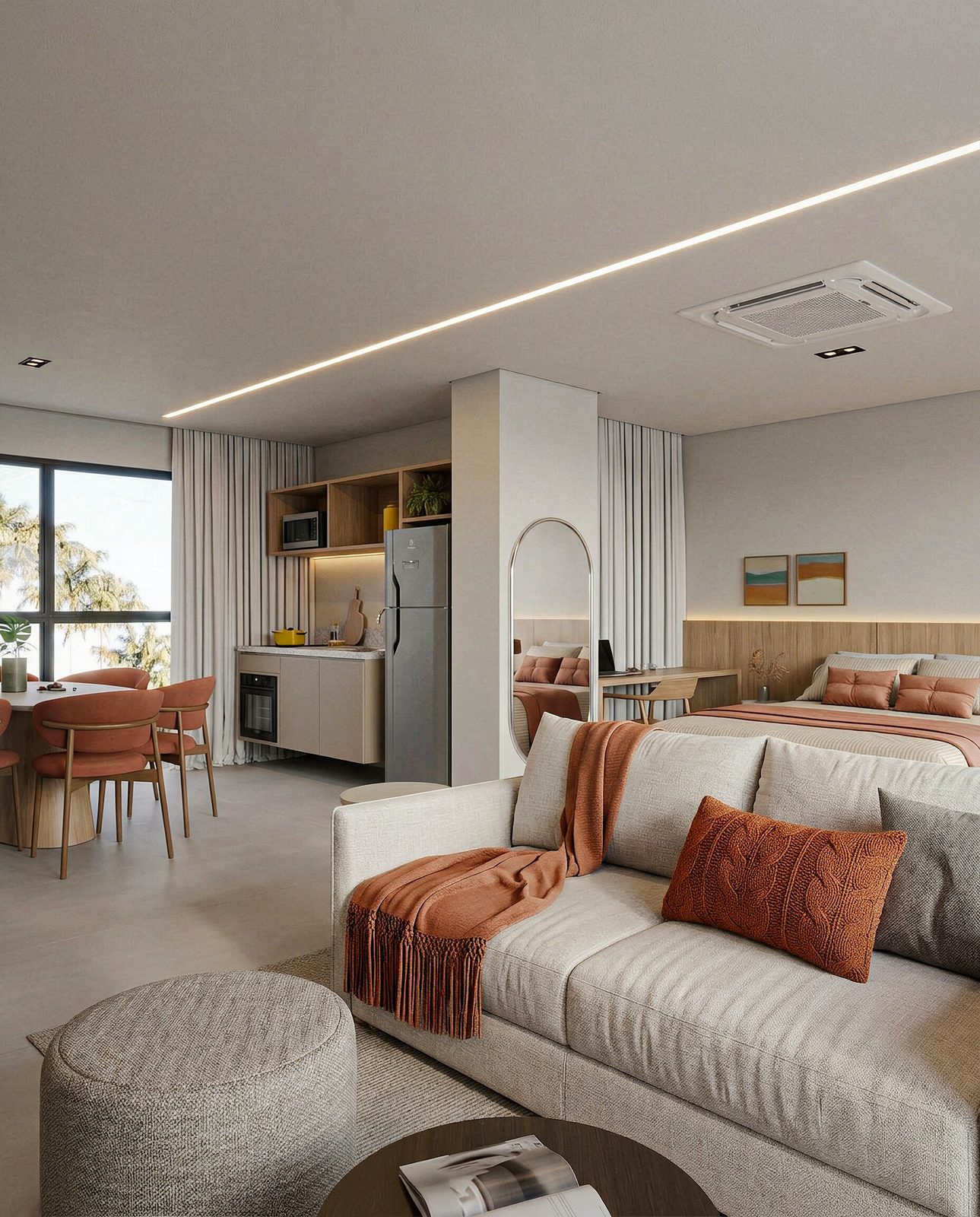 Apartamento de 1 quarto do Edf. Líbano entregue pela Personalizze.co, com sala, cozinha e jantar mobiliados e decorados
