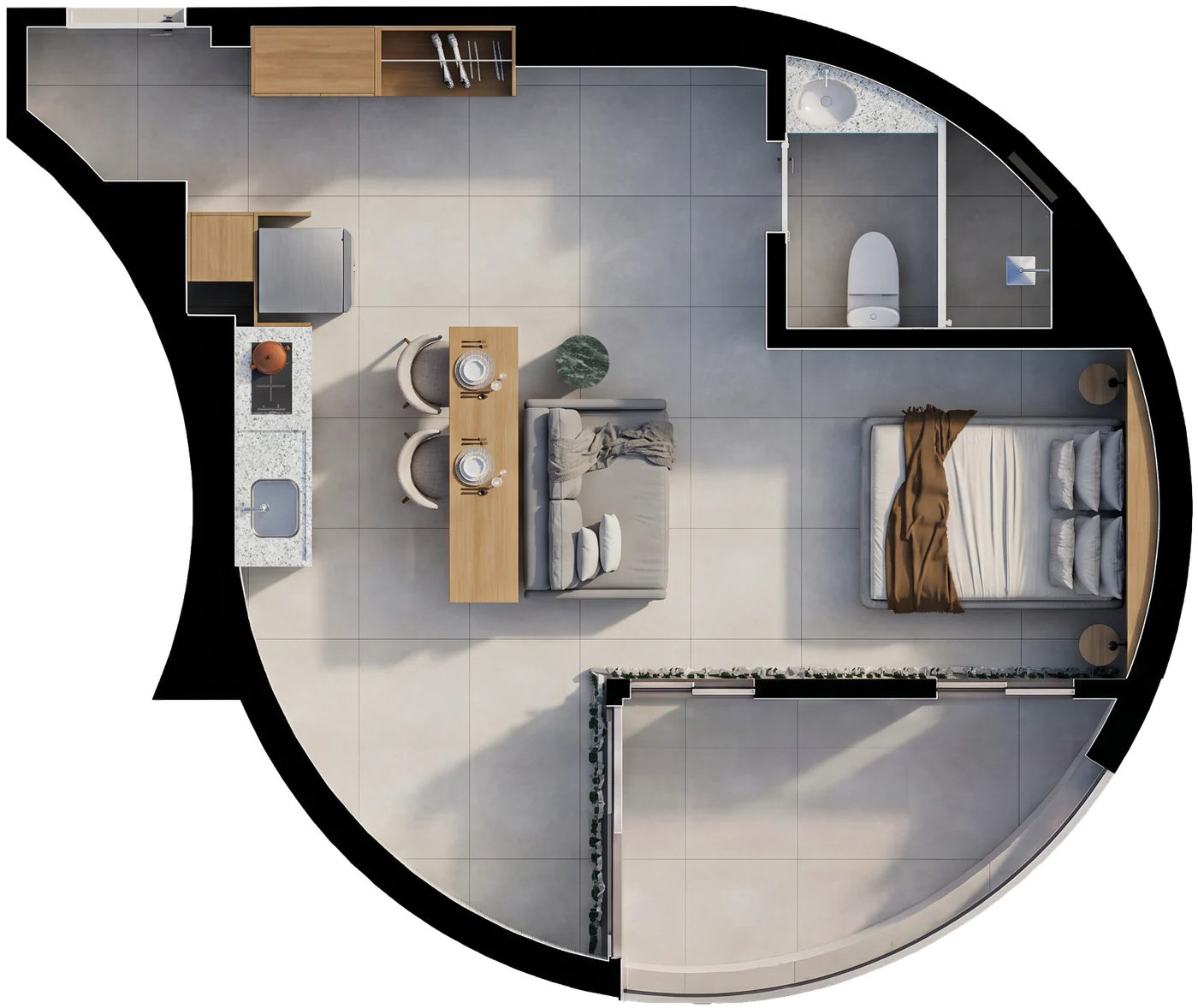 Planta do 1 Quarto de 44 m² do Edf. Moinho, com os itens do escopo indicados